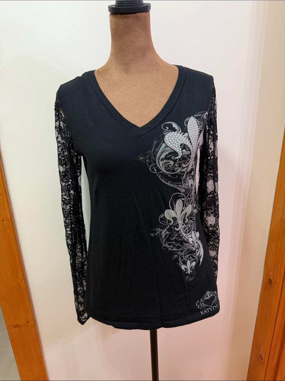 Katydid Black Long Lace-Sleeve V-Neck Top with Silver Crystal Fleur De Lis